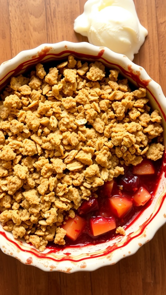 Crispy Crust and Crumble Recipe A delicious fruit crumble with a golden topping served in a rustic dish, accompanied by a scoop of ice cream.